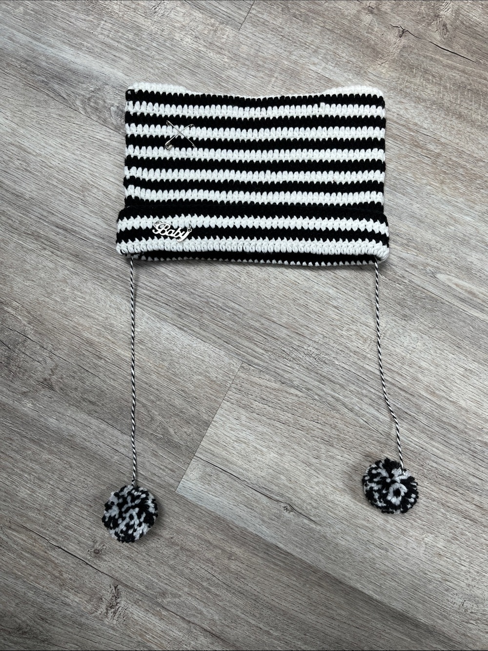 Striped Knit Earflap Beanie with Pom Poms - Black & White